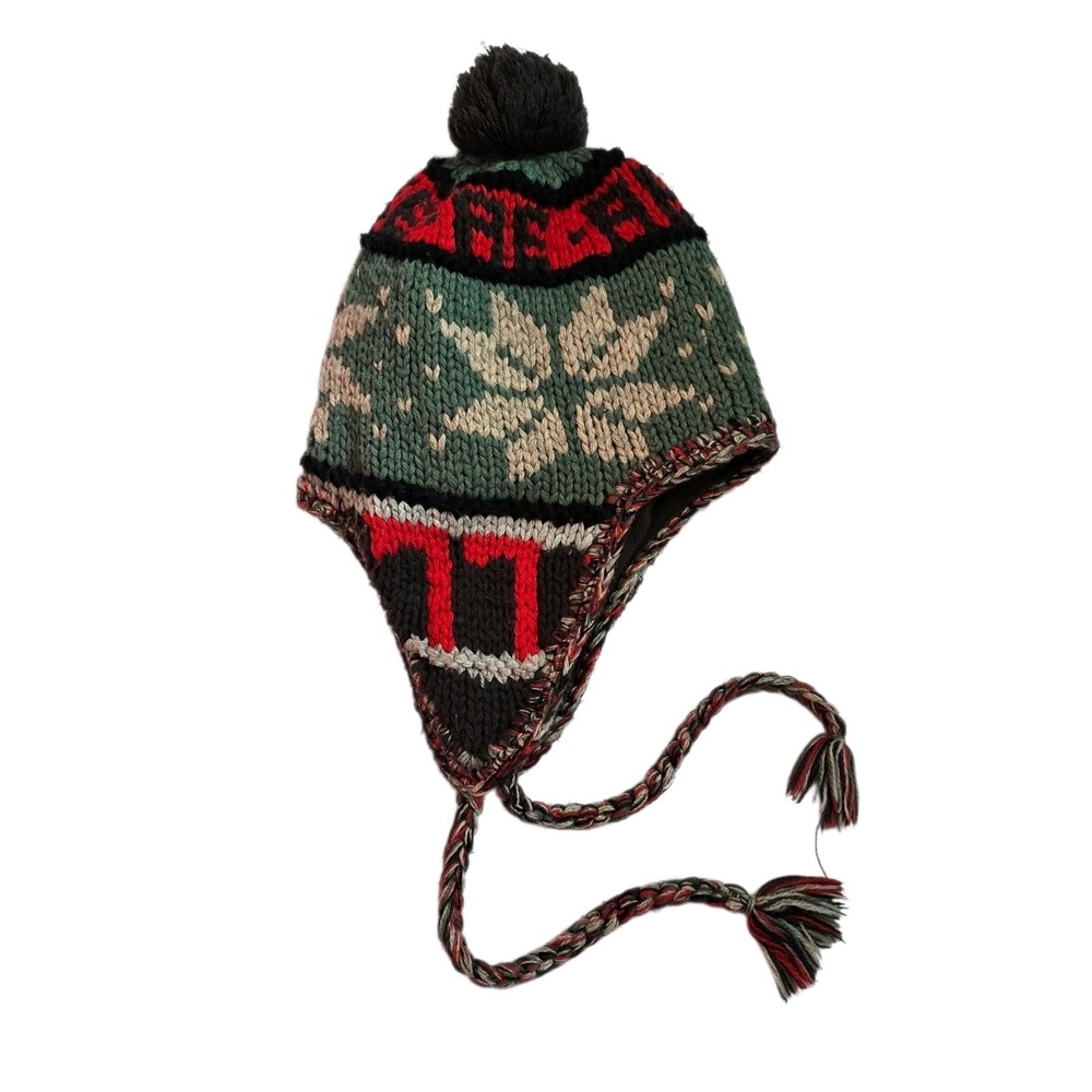 Vtg American Eagle Trapper Hat OS Knitted Fleece Lined Winter Beanie Tassles Pom